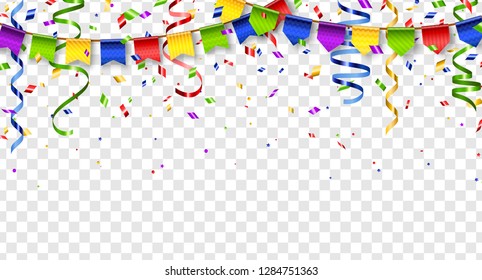 Colorful buntings, serpentine and confetti isolated on transparent background. Vector illustration. Shiny border with paper decorations for holiday design