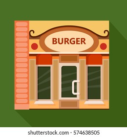 Colorful  burger cafe front view flat icon, vector illustration