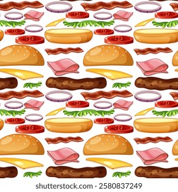 Colorful burger components arranged in a repeating pattern