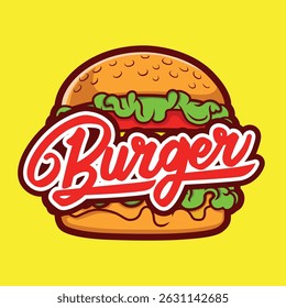 Colorful Burger Logo Design with Brush Script Text suit for Restaurant, Franchise, Cafe, Neon Box, Etc.