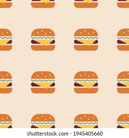 Colorful burger seamless pattern. Fast food wallpaper. Junk food cafe. Hamburger background.