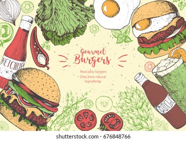 Colorful burgers and ingredients for burgers vector illustration. Fast food, junk food frame. American food. Elements for burgers, restaurant menu design. Engraved style image.