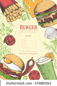 Colorful burgers and ingredients vector illustration. Fast food, junk food frame. Elements for restaurant menu design. Engraved image, retro style.