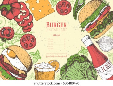 Colorful burgers and ingredients for burgers vector illustration. Fast food, junk food frame. American food. Elements for burgers restaurant menu design. Engraved style image.