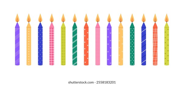 Colorful burning birthday cake candles set with different patterns. Holiday, anniversary celebration. Decoration for banner, greeting card. Vector flat illustration isolated on white background