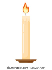 Colorful burning candle in candlestick. Flat cartoon style vector illustration icon isolated on a white background.