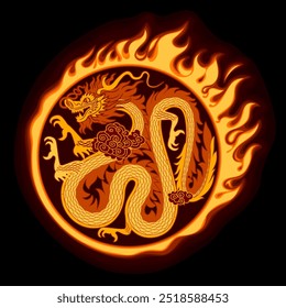 Colorful burning Chinese dragon in a fiery round frame on a black background. Vector illustration