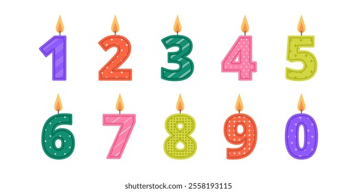 Colorful burning number shape birthday cake candles set with different patterns. Holiday, anniversary. Decoration for banner, greeting card. Vector flat illustration isolated on white background