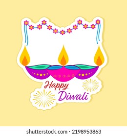 Colorful Burning Oil Lamp(Diya) With Flower Garland Hang Over Yellow Background Background For Happy Diwali Greeting Sticker.