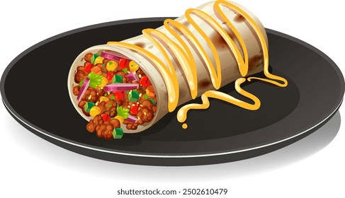 Colorful burrito with cheese sauce on black plate