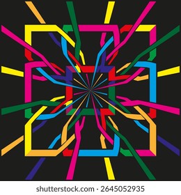 Colorful burst shape. Radiating lines icon. Abstract dynamic square. Vector vibrant design.