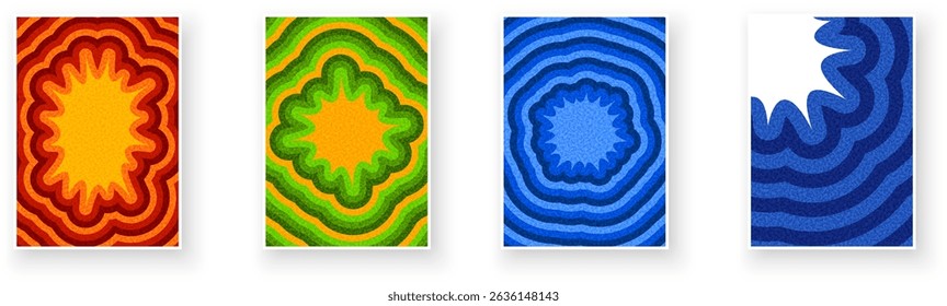 Colorful burst symbols with ripple effects on textured backgrounds. Vector illustration for dynamic visual themes.