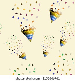 Colorful burst of triangles dispersing from a multi sized triangle design