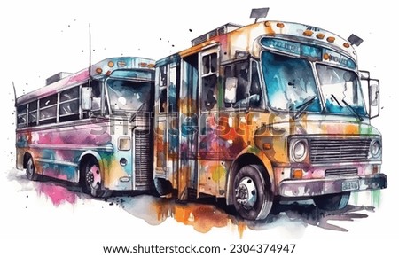 Colorful bus watercolor painting Abstract background.