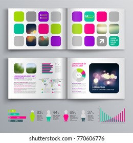 Colorful business brochure template design with color square shapes. Cover layout and info graphics