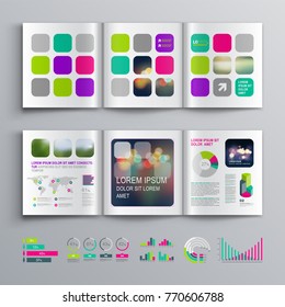 Colorful business brochure template design with color square shapes. Cover layout and info graphics