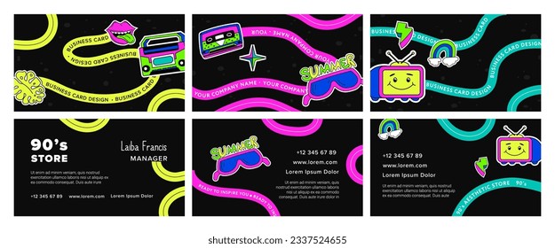 Colorful business card set with 90's stickers. Vintage store branding collection with decorative lines, vector illustration. Identity elements for retro shop advertising, black background