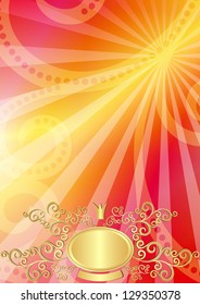 Colorful business card with translucent rays and gold vintage frame (vector EPS 10)