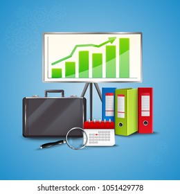 Colorful business concept with folders calendar magnifier stand and bag on blue background realistic vector illustration