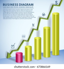 Colorful business diagram template with text fields showing decline flat vector illustration