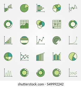 Colorful business graphs icons. Vector green diagram, chart and graph concept signs
