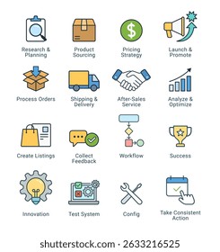 Colorful business icon set including workflow, e-commerce, shipping, pricing strategy, planning, marketing, and innovation. Suitable for web, app, and presentation design. Flat vector style.