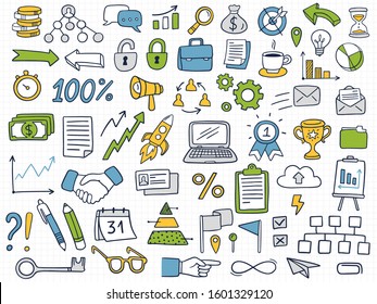 Colorful business icons in doodle style. Vector Illustration can be use in education, bank, finance and other business areas.