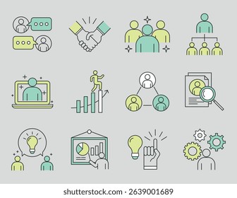 Colorful business icons set with teamwork, communication, leadership, idea, success, growth and planning. Flat style line icons.Perfect for web, app, presentation and office design.Vector illustration