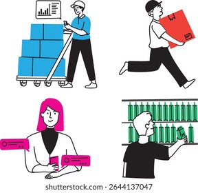Colorful business illustration pack with efficient warehouse management, fast delivery, online reviews, stock optimization, e-commerce success, logistics, and app UI designs.