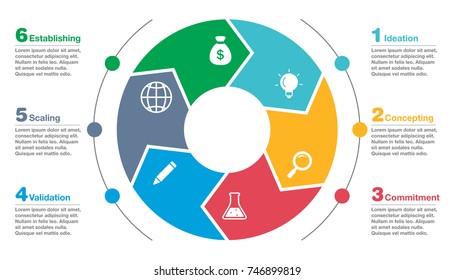 Colorful Business Infographic Diagram With Icons, Graph, Presentation, Chart. Circular Business Concept Infographics With 6 Segments. Vector Illustration Template