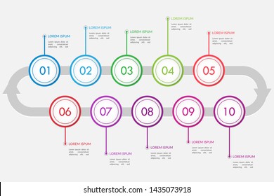 Colorful business infographics. Circle timeline with 10 steps, labels, options, stages. Vector iInfographic template for business, presentations, web design.- Vector