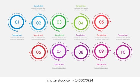 Colorful business infographics. Circle timeline with 10 steps, labels, options, stages. Vector iInfographic template for business, presentations, web design.- Vector