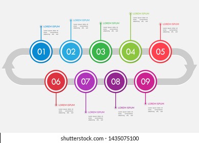 Colorful business infographics. Circle timeline with 9 steps, labels, options. Vector iInfographic template for business, presentations, web design.- Vector