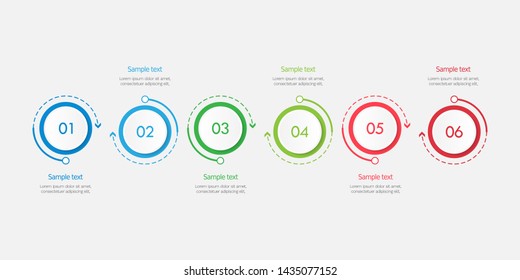 Colorful business infographics. Circle timeline with 6 steps, labels, options. Vector iInfographic template for business, presentations, web design.- Vector