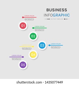 Colorful business infographics. Circle timeline with 5 steps, labels, options. Vector iInfographic template for business, presentations, web design.- Vector