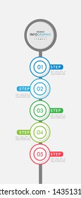 Colorful business infographics. Circle timeline with 5 steps, labels, options. Vector iInfographic template for business, presentations, web design.- Vector