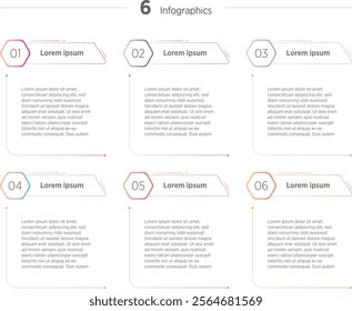 Colorful Business infographics design for Six Step, option, parts or process. Infographic 6 element design template for presentation. process diagram, step banner, flow chart, 6 option template.