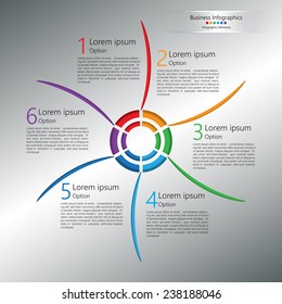 Colorful Business Infographics Elements. Windmill/Pin Wheel Design with 6 Options on Abstract Grey Background. Vector Illustration