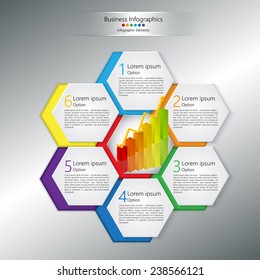 Colorful Business Infographics Elements.Graph/Chart & Polygon Design with 5 Options on Abstract Grey Background. Vector Illustration