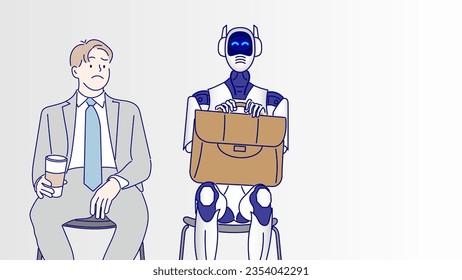 Colorful business man and AI robot sitting and waiting for a job interview isolated on background, AI versus human competition concept, Hand drawn style illustration vector.