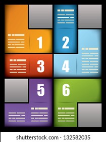 Colorful business print presentation template with six numbered text boxes in different colors arranged in an interlocking pattern to form a rectangle