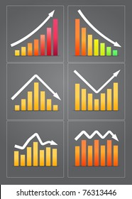 Colorful business revenue charts in frames on grey background