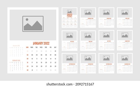 Colorful Business Wall Monthly Photo Calendar 2022. Free Vector Vertical Calendar Layout for 2022 Year in English. Cover Calendar, Week Start From Sunday With 12 Month Vector Design Template.