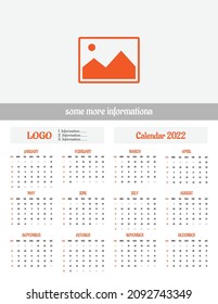 Colorful Business Wall Monthly Photo Calendar 2022. Free Vector Vertical Calendar Layout for 2022 Year in English. Cover Calendar, Week Start From Sunday With 12 Month Vector Design Template.