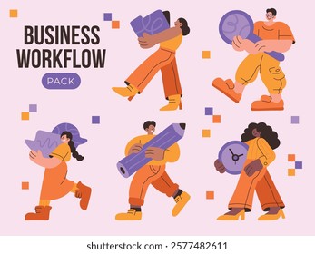 Colorful business workflow illustration pack featuring diverse characters holding objects like pencils, clocks, and documents. For corporate, productivity, and teamwork concepts.