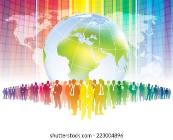 Colorful businesspeople are standing in front of large world map