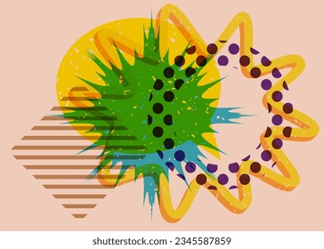 Colorful busy geometric shapes with speech bubble. Object in trendy riso graph design. Geometry elements abstract risograph print texture style.