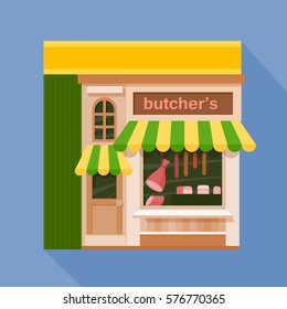 Colorful butcher's shop front view flat icon, vector illustration