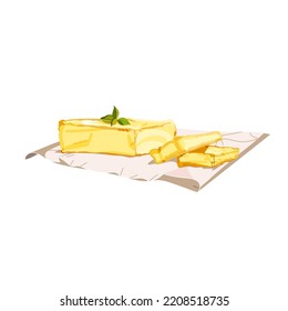 Colorful butter briquette with cut off pieces and herb on white food-grade paper. Isolated background. Modern flat cartoon vector illustration for poster, web design, banner, icon, logo or badge.