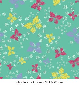 Colorful buttereflies seamless vector pattern. Decorative girly surface print design for fabrics, stationery, scrapbook paper, textiles, gift wrap, and packaging.
